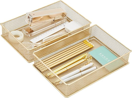 Annova Mesh Stackable Drawer Cabinet and Shelf Organizer Bins Storage Basket School Office Supply Holder Tray- Set of 2 (Gold, 6x9x2 Inch)