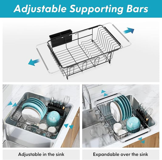 Over the Sink Expandable Dish Drainer Drying Rack In Stainless Steel for Small Kitchen, Counter Space Saving Modern Compact Metal Above Plate Dryer Strainer, Adjustable Hanging Inside Drain Holder