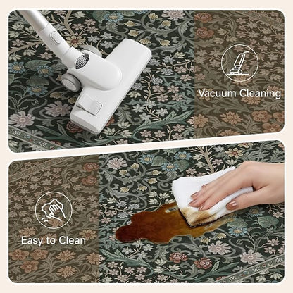 Kitchen Mats for Floor Thick Anti Fatigue Waterproof Vintage Spring Floral Kitchen Rugs 2PCS Cushioned Non Slip Black Green Comfort Standing Mats for Sink Laundry Office 17.3"×47"+17.3"×30"