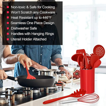 LIANYU 12-Piece Red Silicone Kitchen Cooking Utensils with Holder, Kitchen Tools Set Include Slotted Spatula Spoon Turner Ladle Tong Whisk, Dishwasher Safe
