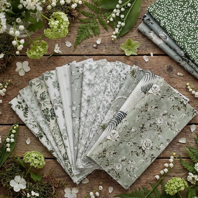 Tatuo 30 Pieces 10 x 10 Inches Sage Green Floral Quilting Fabric Bundle Cotton Squares Patchwork Vintage Greenery Floral Fabric Sewing Bundles Retro Eucalyptus Cloth for DIY Scrapbook Craft Making