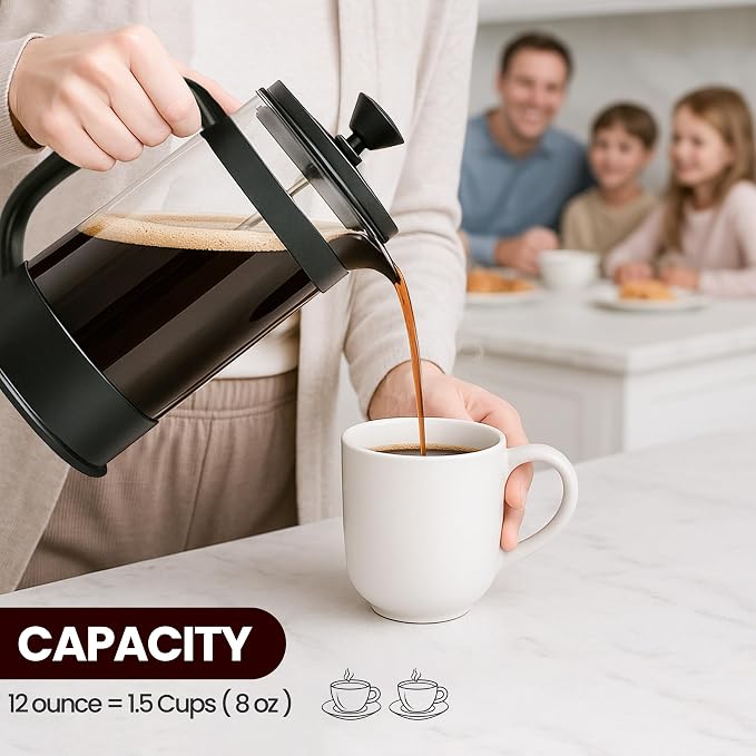 Utopia Kitchen 12 Ounce 0.35 Liter French Press Coffee Maker, Tea Maker, Travel Coffee Presses, Heat Resistant Thickened Borosilicate Coffee Pot for Camping Travel Gifts, Black Pack of 1