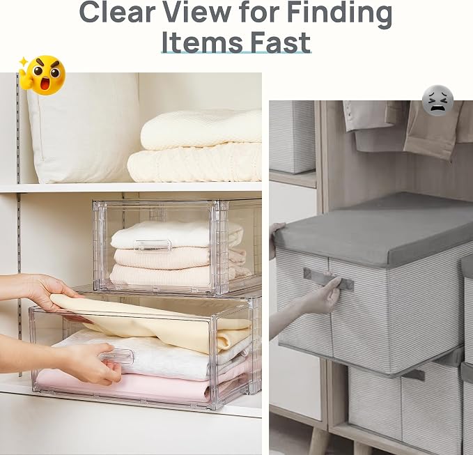 Vtopmart 9 Pack Clear Stackable Storage Drawers 15QT,Easily Assemble Closet Organizers,Plastic Storage Bins for Bathroom,Cabinet,Kitchen Pantry,Under Sink Organization(Medium)