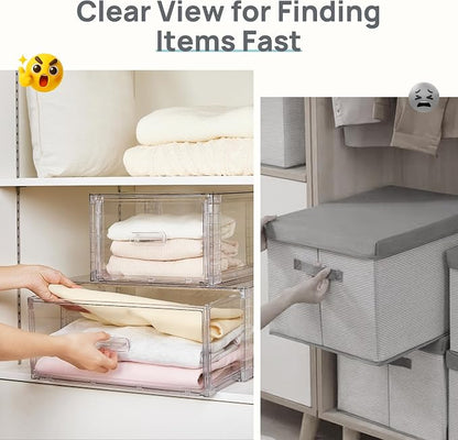 Vtopmart 9 Pack Clear Stackable Storage Drawers 15QT,Easily Assemble Closet Organizers,Plastic Storage Bins for Bathroom,Cabinet,Kitchen Pantry,Under Sink Organization(Medium)