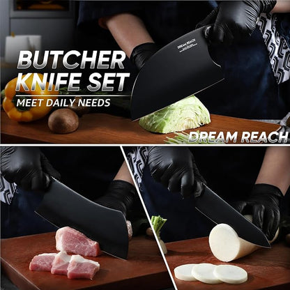 Dream Reach Butcher Knife Set - 3PCS Black Cleaver Knives Kit for Meat Cutting BBQ Outdoor Hand Forged Serbian Chef Cleaver for Mother Father Gift Idea