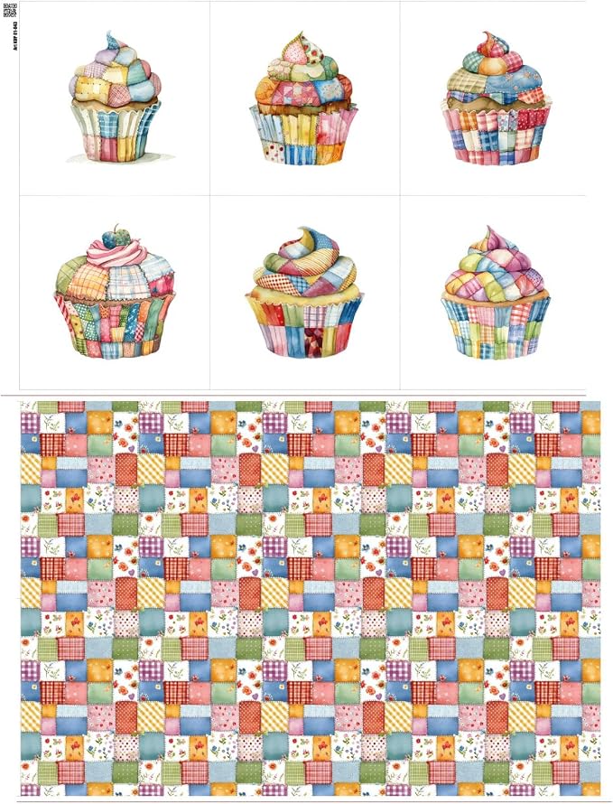 Patchwork Cupcake Fabric Panel – Single Continuous Cotton Satin Panel with 6 Printed Squares 9.8” x 9.8” and Bonus Patchwork Area – 100% Cotton for Quilting & Sewing