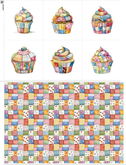 Patchwork Cupcake Fabric Panel – Single Continuous Cotton Satin Panel with 6 Printed Squares 9.8” x 9.8” and Bonus Patchwork Area – 100% Cotton for Quilting & Sewing