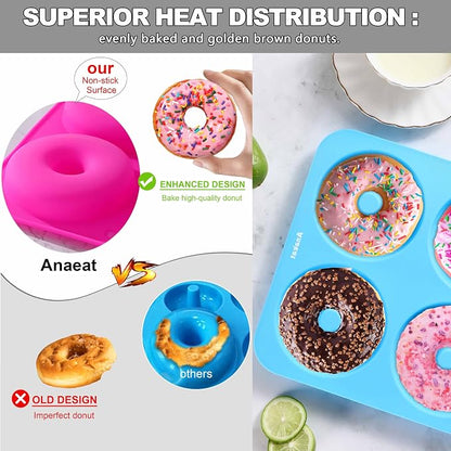 Anaeat Full Size Donut Baking Pans 3 Pack, Big Size 4 Inch Silicone Baking Mold, Just Pop Out! Non Stick 6-Cavity Doughnut Trays for Bagels Donuts Cake Biscuit - BPA Free & Dishwasher Safe (3 colors)