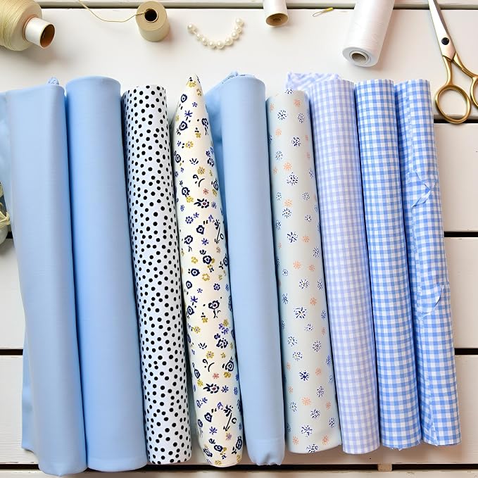 7Pcs Square Shape, Flower, Striped, Polka Dot Cotton Fabric Fabric for Sewing, 25x25cm Cotton Fabric Flower Polka Dot Bundle DIY Patchwork Quilt Cloth,Craft and Hobby Fabric (Blue)