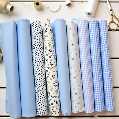 7Pcs Square Shape, Flower, Striped, Polka Dot Cotton Fabric Fabric for Sewing, 25x25cm Cotton Fabric Flower Polka Dot Bundle DIY Patchwork Quilt Cloth,Craft and Hobby Fabric (Blue)