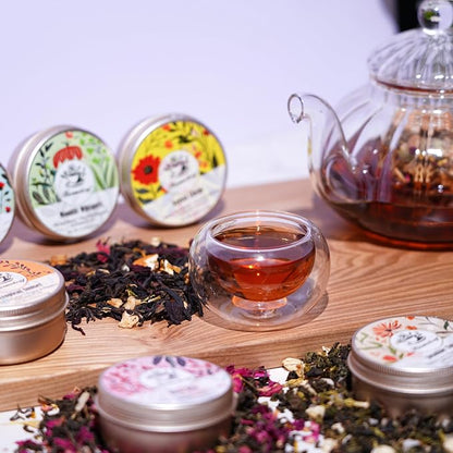Tea Gift Set for Women - 6 Herbal Loose Leaf Tea Blends, Insulated Ceramic Cup with Infuser & Lid | Birthday, Mother's Day, Anniversary & Retirement Gift for Her