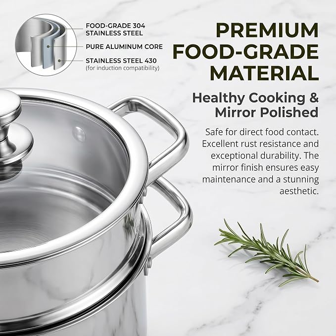 Stainless Steel Cookware Set, 16-Piece Pots and Pans Set Non Toxic, Kitchen Induction Cookware with Glass Lids, Steamer, Utensil Sets, Pot Protectors & Apron, Oven & Dishwasher Safe, Silver