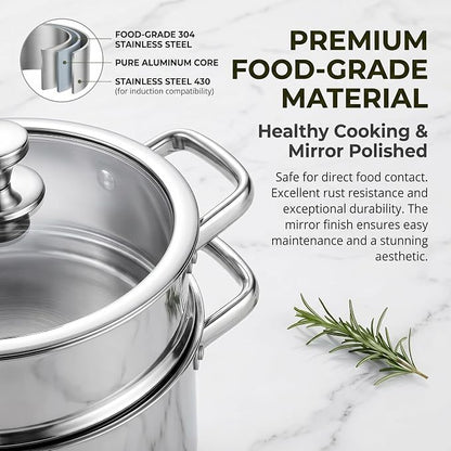 Stainless Steel Cookware Set, 16-Piece Pots and Pans Set Non Toxic, Kitchen Induction Cookware with Glass Lids, Steamer, Utensil Sets, Pot Protectors & Apron, Oven & Dishwasher Safe, Silver