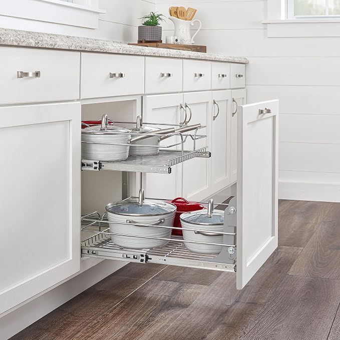 Rev-A-Shelf 2-Tier Pullout Shelf and Drawer Organizer for Kitchen Cabinets, Slide Out Storage Basket, Min Opening Width of 17.5", 18" x 22", 5WB2-1822CR-1