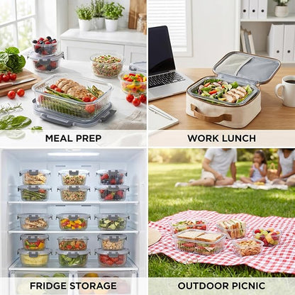 Glass Food Storage Containers with Lids, 12 Piece Glass Meal Prep Containers Set, Airtight Leakproof Snap Lock Lids, BPA-Free, Freezer Microwave Oven Dishwasher Safe, Ribbed Glass Containers