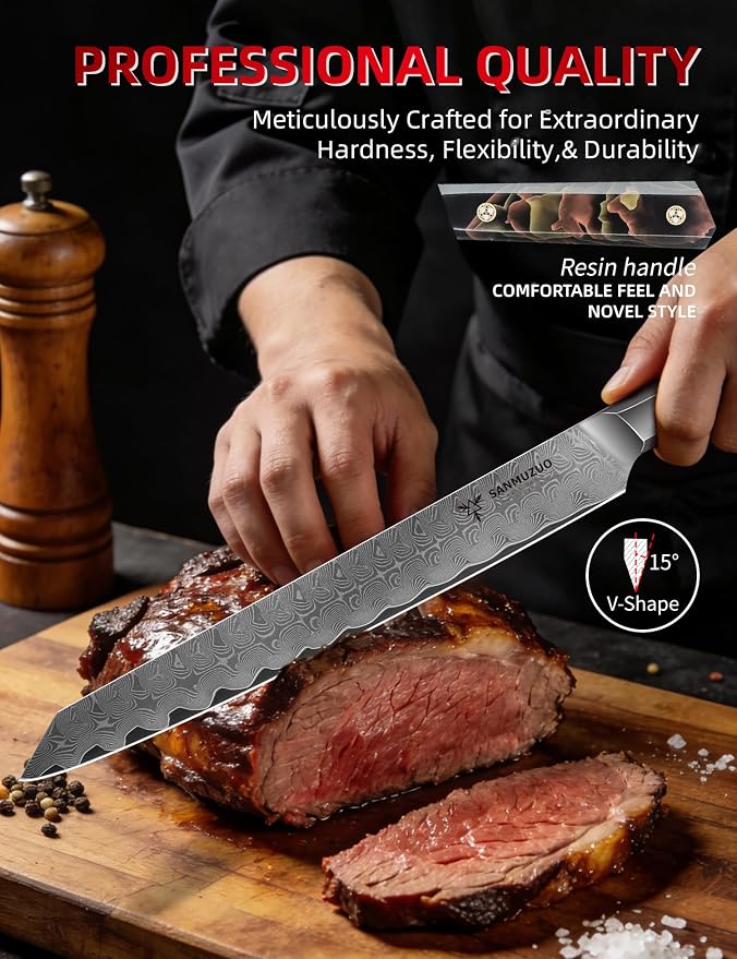 Meat Carving Knife 10 Inch, Professional Kitchen Slicing Knife, Ultra Sharp Damascus Powder Steel with Full-tang Resin Handle, Bi Series