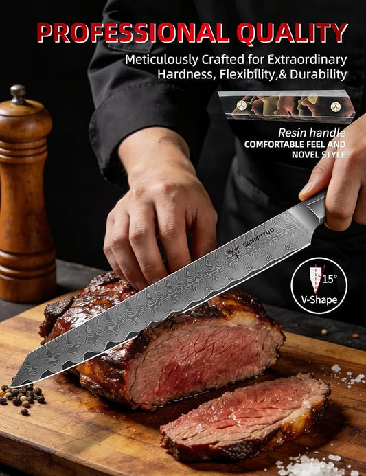 Meat Carving Knife 10 Inch, Professional Kitchen Slicing Knife, Ultra Sharp Damascus Powder Steel with Full-tang Resin Handle, Bi Series