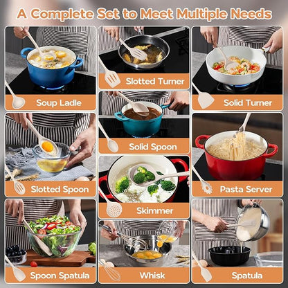 Onader Silicone Cooking Utensils Set of 10, Kitchen Utensils for Nonstick Cookware, Heat Resistant & Nontoxic Spatula Set- Khaki
