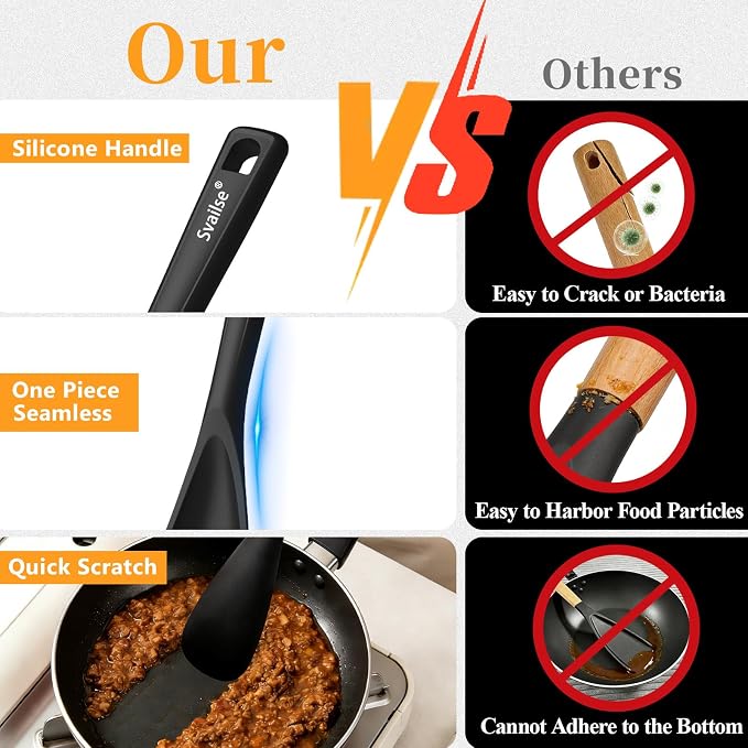 Scoop Spoon for Nonstick Cookwares, Multifunction Silicone Spatula Spoons BPA Free, Spurtle Spatulas for Mixing, Scooping, Scraping and Serving (2 Black, 12.6 inch)
