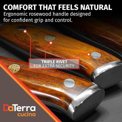 DaTerra Cucina - 8 Inch Chef Knife – German Steel Professional Kitchen Knife with Ergonomic Rosewood Handle, Sharp, Durable, Easy to Clean | Ideal for Chopping, Slicing & Dicing