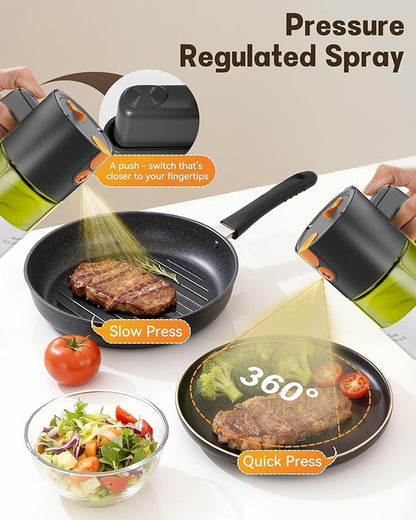 OURCABECUE Upgrade 2 in 1 Oil Sprayer for Cooking, 17oz Light-Blocking Glass Olive Oil Dispenser Bottle for Kitchen (Green+Brown Bottle-Black 2PACK)