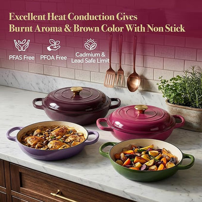 3 Quart Enameled Cast Iron Braiser, Non Stick Enameled Cast Iron Skillet with Lid, Dutch Oven Skillet with lid up to 500°F for Oven, Stove, Grill, Shallow Dutch Oven for Cook, Bake (Rose)