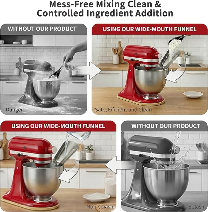 Pouring Chute for KitchenAid Mixer & Flour Funnel for Kitchen Aid Mixer – Silicone Spatula – Accessories & Attachments for 4.5-7Qt Tilt-Head Stand Mixers, 3-Piece w/ 2 Spatulas