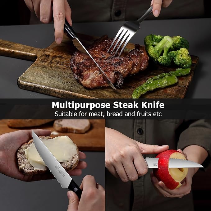 PAUDIN Steak Knives, Steak Knife Set of 8, Razor-Sharp Kitchen Knife Set 4.5 inch, High Carbon Stainless Steel Serrated Steak Set for Kitchen,Black Steak Knives