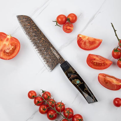 Kurogane 7-Inch Santoku Knife | VG-10 Damascus Steel | Granton Edge | G10 & Copper Handle