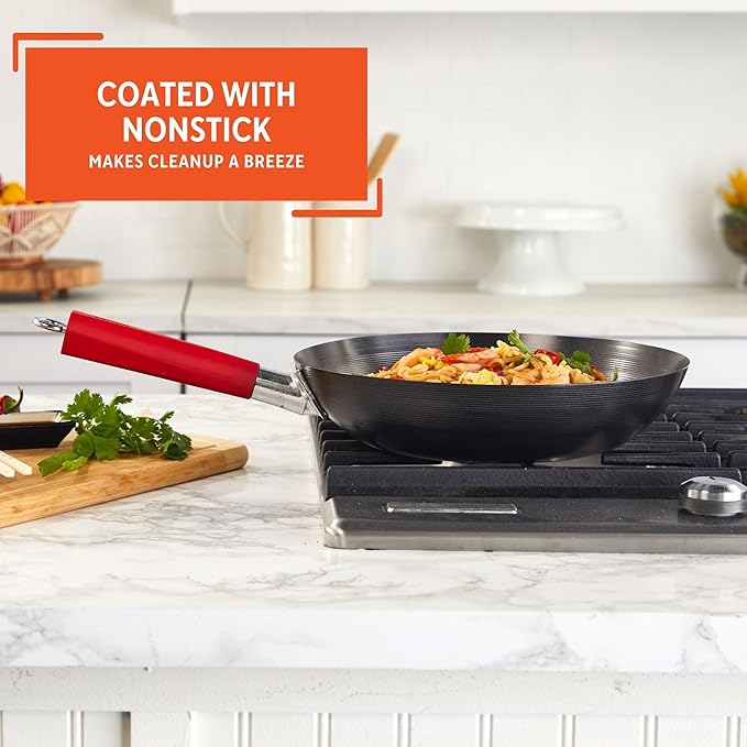IMUSA USA Inch, Red PAN-10046 12" Nonstick Carbon Steel Wok, Handle