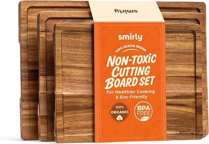 SMIRLY Acacia Wood Cutting Boards for Kitchen - Wood Cutting Board for Meal Prep, Serving, Charcuterie - Kitchen Gadgets, House Warming Gifts - Wooden Chopping Board Set of 3