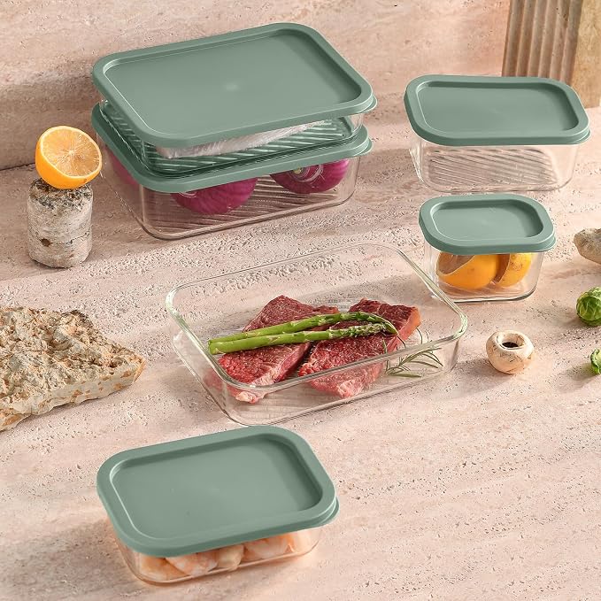 EATEX 14 Pack Glass Meal Prep Containers with Grooved Base, 14 Stackable BPA Free Glass Storage Containers with Lids for Lunch, Pantry, and Kitchen - Microwave, Dishwasher Freezer & Oven Safe - Sage