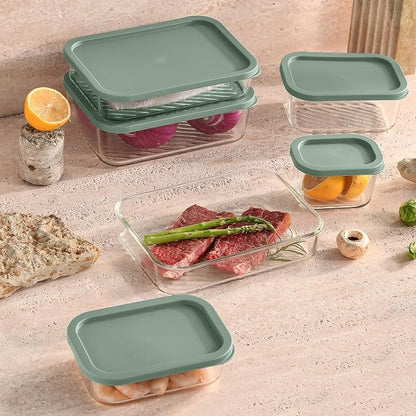 EATEX 14 Pack Glass Meal Prep Containers with Grooved Base, 14 Stackable BPA Free Glass Storage Containers with Lids for Lunch, Pantry, and Kitchen - Microwave, Dishwasher Freezer & Oven Safe - Sage