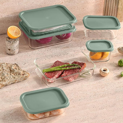 EATEX Grooved Base Glass Meal Prep Containers, 6 Pack Glass Storage Containers with Lids for Meal Prep & Lunch, Microwave Oven Freezer Dishwasher Safe, Anti Moisture Non-Stick Design - Sage Green