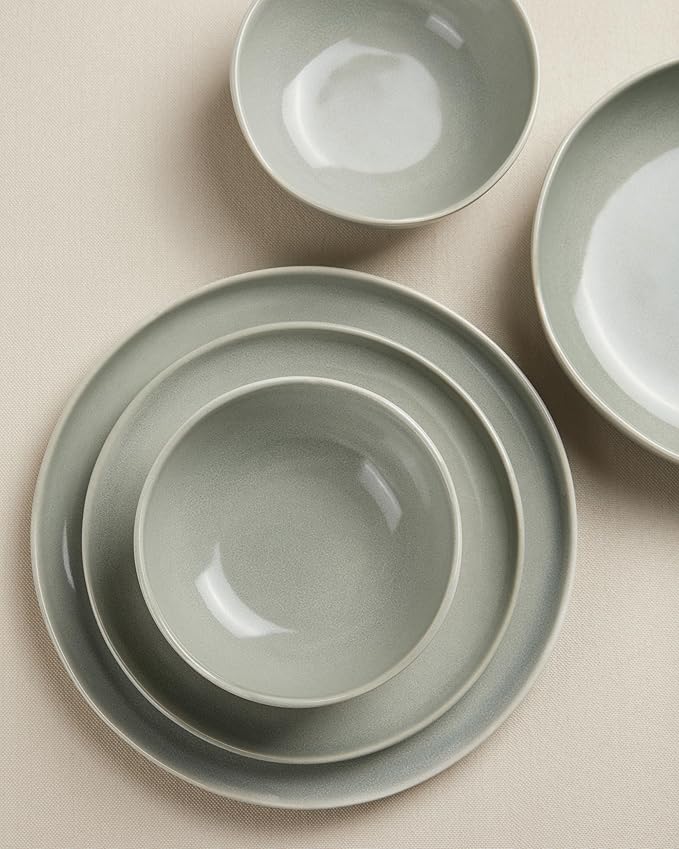 Pokini Plates and Bowls Sets, 16 Pieces Dinnerware Set for 4 with Pasta Bowls, Handmade Dishes Set, Chip Resistant Dishware Sets, Microwave Safe Dinner Set, Designed for Interactive Meals, Gray Green