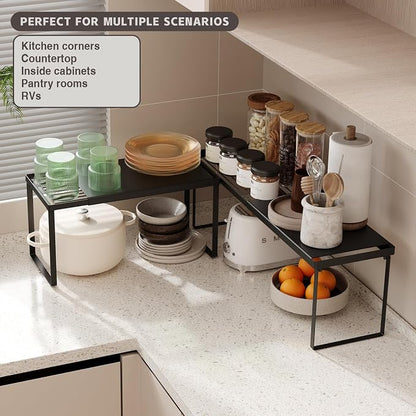 Magheo Expandable Cabinet Shelf Organizer, 1 Pack Stackable Kitchen Counter Shelf Riser, Metal Spice Rack Heavy Duty Countertop Organizer Storage for Kitchen, Pantry, Cupboard, Rv (8.7in Height,Black)