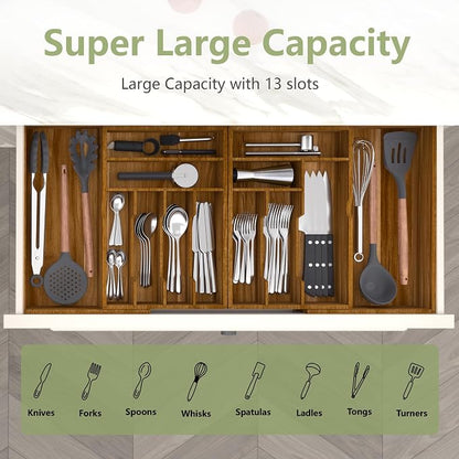 Suli Large Silverware Drawer Organizer, Acacia Wood Adjustable Kitchen Flatware for Forks Knives and Spoons, Cutlery Utensil Holder, Expandable from 22in-37in