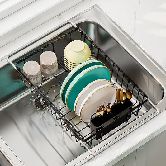 Small Dish Drying Rack in Sink, Expandable Stainless Steel Dish Drainers for Kitchen Counter, with Drain Board & Utensil Holder(Black)