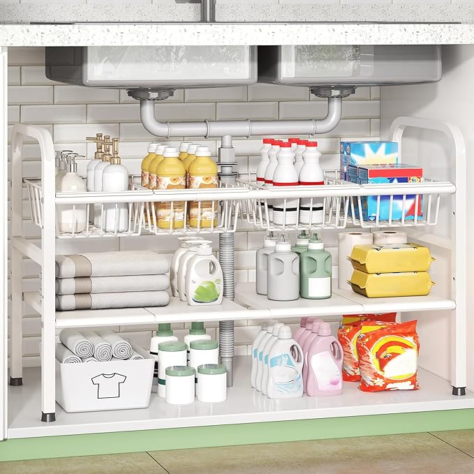 Under Sink Organizers and Storage, 2 Tier Expandable Length Adjustable Height Under Sink Organizer, Easy Assembly Heavy Duty Carbon Steel Space Saving Under Cabinet Shelf Storage Rack