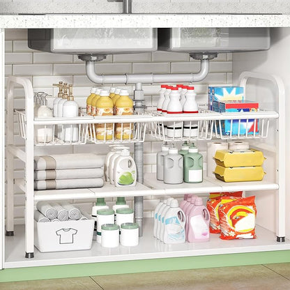 Under Sink Organizers and Storage, 2 Tier Expandable Length Adjustable Height Under Sink Organizer, Easy Assembly Heavy Duty Carbon Steel Space Saving Under Cabinet Shelf Storage Rack