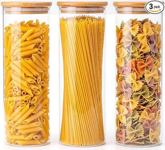 3-Pack 2Qt Round Glass Spaghetti Jars with Bamboo Lids | Minimalist Kitchen Organizer,Scandinavian Style Storage,Nordic Style Storage,Food Storage Canister for Pasta, Penne, Macaroni