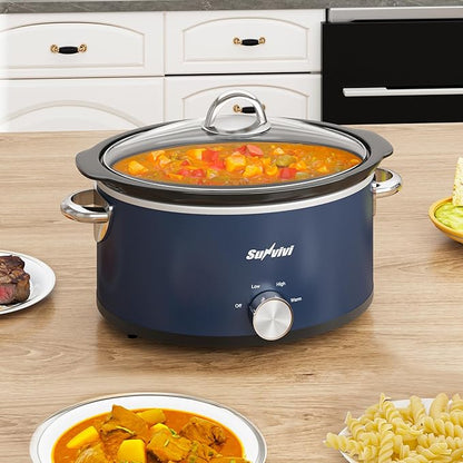 3QT Slow Cooker, Small Crock with 3 Heating Settings & Removable Ceramic Pot, Mini Food Warmer with Dishwasher Safe Glass Lid & Crock, Stainless Steel, Blue