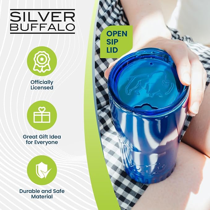 Silver Buffalo Double Walled Vacuum Insulated Stainless Steel Tumbler With Easy Sip Lid Keeps Hot and Cold, Travel Coffee Mug Clear Lid, 20 Ounces, Blue