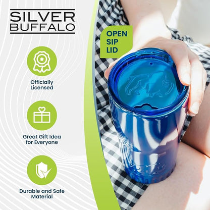 Silver Buffalo Double Walled Vacuum Insulated Stainless Steel Tumbler With Easy Sip Lid Keeps Hot and Cold, Travel Coffee Mug Clear Lid, 20 Ounces, Blue