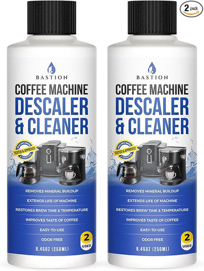 Bastion Coffee Machine Descaler & Cleaner - 4 Uses. (2 Bottles) Universal Descaling Solution Compatible with Keurig, Nespresso, Delonghi and All Single Use Coffee and Espresso Machines