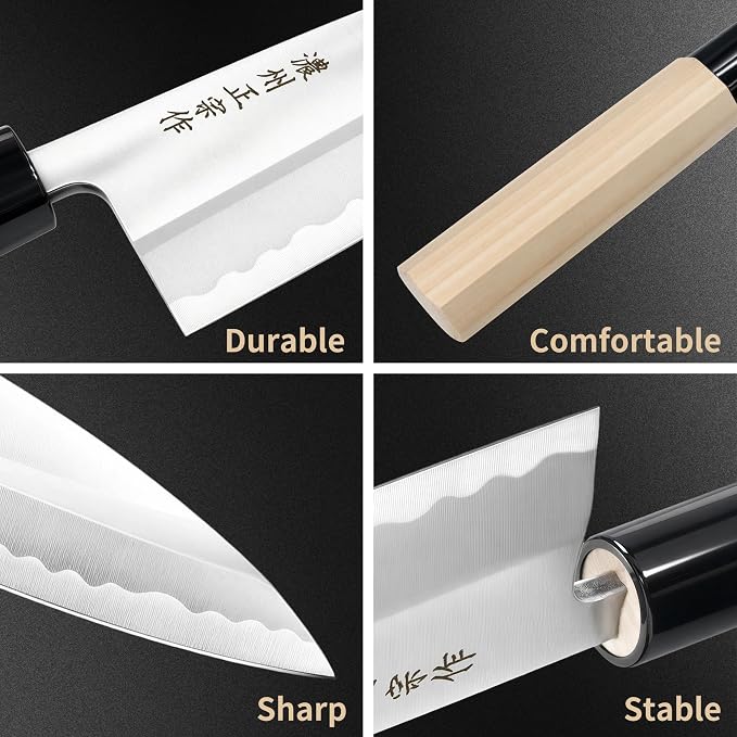 6 Inch Deba Knife, Made in Japan, Right-Handed Single Bevel SK-5 High Carbon Steel, Ultra Sharp 4.1mm Thick Fish Butcher Knife with Octagonal Handle for Fish & Poultry