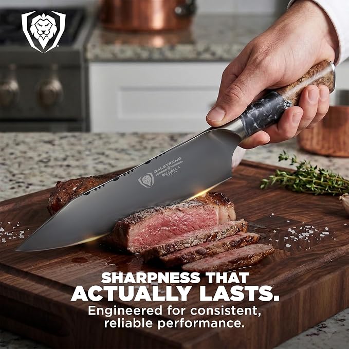 DALSTRONG Chef Knife - 8 inch - Valhalla Series - Ravenstone Black Blade Titanium Coated - Premium 9CR18MOV HC Steel - Resin & Wood Handle - Razor Sharp - Kitchen Cooking Chef's Knife - Leather Sheath
