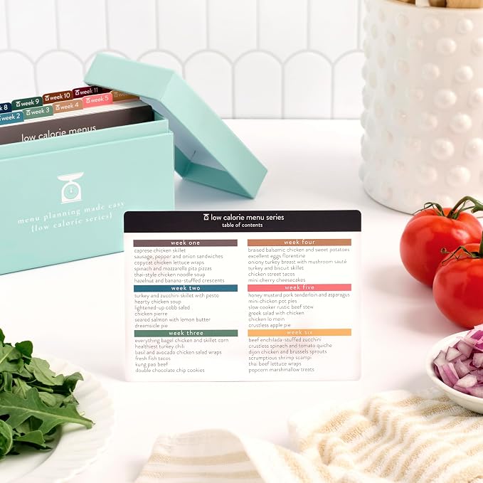 Meal Planner 72 Recipe Cards (Low Calorie Menu Pack - Photo Edition) - Weekly Menu Planner | Sturdy Recipe Box | 12 Reusable Grocery Lists | 5 Blank Recipe Cards | Recipe Card Protector | Recipe Ideas