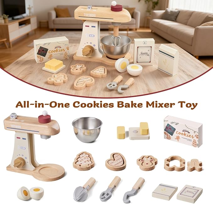 Kids Play Kitchen Toddler Playset with Play Food and Wooden Toy Mixer Montessori Accessories Pretend Cooking Gift for Boys Girls Age 3 4 5 6 7