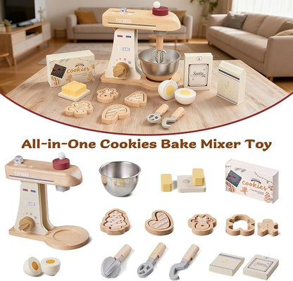 Kids Play Kitchen Toddler Playset with Play Food and Wooden Toy Mixer Montessori Accessories Pretend Cooking Gift for Boys Girls Age 3 4 5 6 7